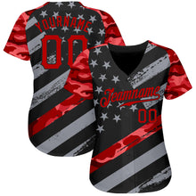 Загрузить изображение в средство просмотра галереи, Custom Black Red American Flag Patriotic Camo Raglan Sleeves Authentic Baseball Jersey
