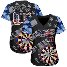 Laden Sie das Bild in den Galerie-Viewer, Custom Black USA Flag-White Darts Patriotic Mosaic Camo Raglan Sleeves Authentic Baseball Jersey
