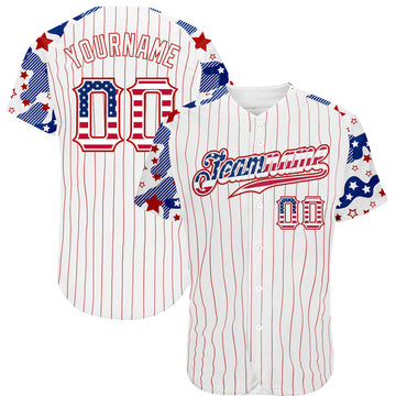 Custom White Red Pinstripe USA Flag-Blue Patriotic Stars & Stripes Raglan Sleeves Authentic Baseball Jersey