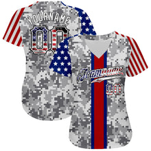 Charger l'image dans la galerie, Custom Camo USA Flag Red Blue Black-White Patriotic Pixel Camouflage Stars &amp; Stripes Raglan Sleeves Authentic Baseball Jersey
