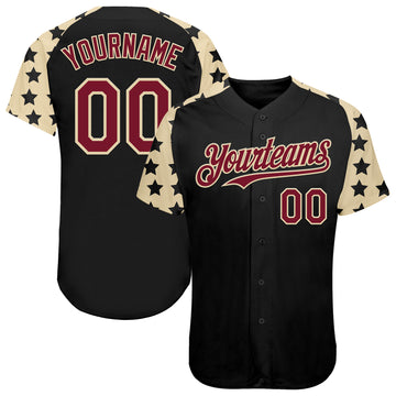 Custom Black Crimson-Cream Star Raglan Sleevess Authentic Baseball Jersey