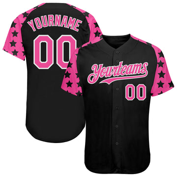 Custom Black Pink-White Star Raglan Sleevess Authentic Baseball Jersey