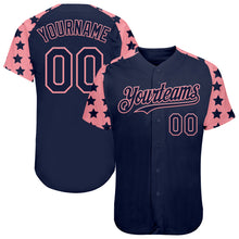 Charger l'image dans la galerie, Custom Navy Medium Pink Star Raglan Sleeves Authentic Baseball Jersey
