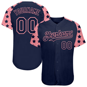 Custom Navy Medium Pink Star Raglan Sleevess Authentic Baseball Jersey