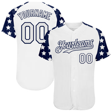 Custom White Navy Star Raglan Sleevess Authentic Baseball Jersey