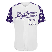 Load image into Gallery viewer, Custom White Purple Star Raglan Sleeves Authentic Baseball Jersey

