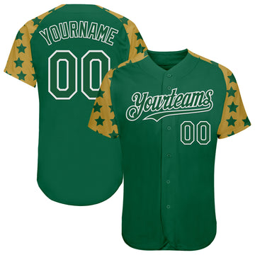 Custom Green White-Old Gold Star Raglan Sleevess Authentic Baseball Jersey