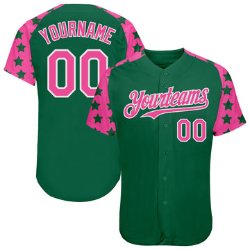 Custom Green Pink-White Star Raglan Sleevess Authentic Baseball Jersey