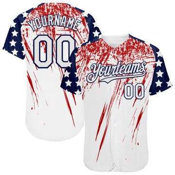 Custom White Navy-Red Splatter Brush Stroke Star Raglan Sleevess Authentic Baseball Jersey