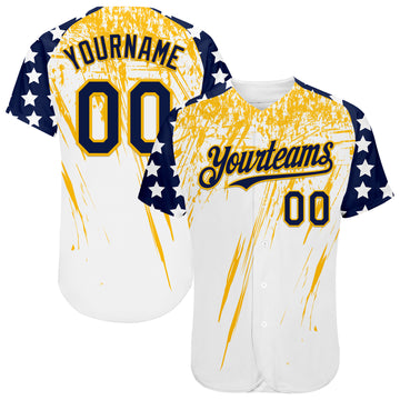 Custom White Navy-Gold Splatter Brush Stroke Star Raglan Sleevess Authentic Baseball Jersey