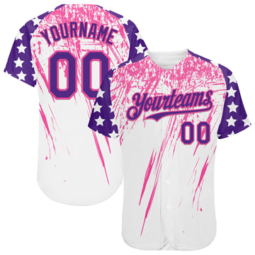 Custom White Purple-Pink Splatter Brush Stroke Star Raglan Sleevess Authentic Baseball Jersey