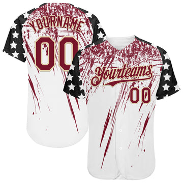 Custom White Crimson Cream-Black Splatter Brush Stroke Star Raglan Sleevess Authentic Baseball Jersey