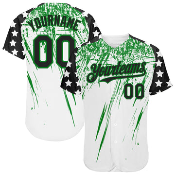 Custom White Black-Grass Green Splatter Brush Stroke Star Raglan Sleevess Authentic Baseball Jersey