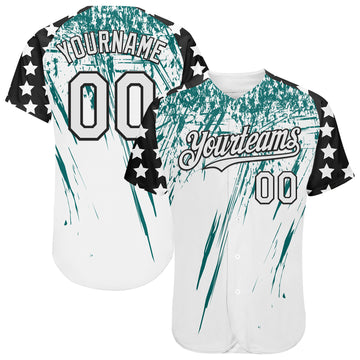 Custom White Black-Teal Splatter Brush Stroke Star Raglan Sleevess Authentic Baseball Jersey