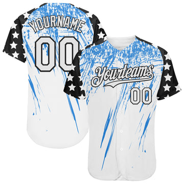Custom White Black-Powder Blue Splatter Brush Stroke Star Raglan Sleevess Authentic Baseball Jersey
