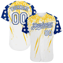 Laden Sie das Bild in den Galerie-Viewer, Custom White Royal-Yellow Splatter Brush Stroke Star Raglan Sleeves Authentic Baseball Jersey
