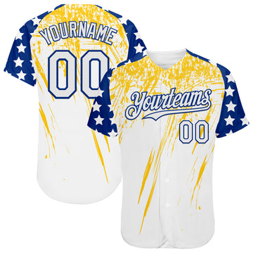 Custom White Royal-Yellow Splatter Brush Stroke Star Raglan Sleevess Authentic Baseball Jersey