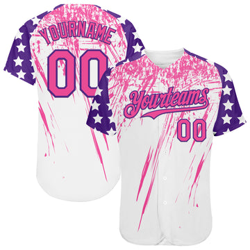Custom White Pink-Purple Splatter Brush Stroke Star Raglan Sleevess Authentic Baseball Jersey
