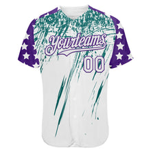Загрузить изображение в средство просмотра галереи, Custom White Purple-Teal Splatter Brush Stroke Star Raglan Sleeves Authentic Baseball Jersey
