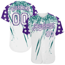 Загрузить изображение в средство просмотра галереи, Custom White Purple-Teal Splatter Brush Stroke Star Raglan Sleeves Authentic Baseball Jersey
