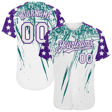 Custom White Purple-Teal Splatter Brush Stroke Star Raglan Sleevess Authentic Baseball Jersey