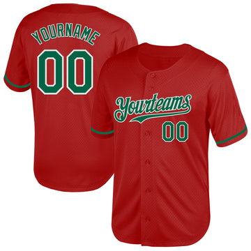 Custom Red Kelly Green-White Mesh Authentic Throwback Baseball Jersey