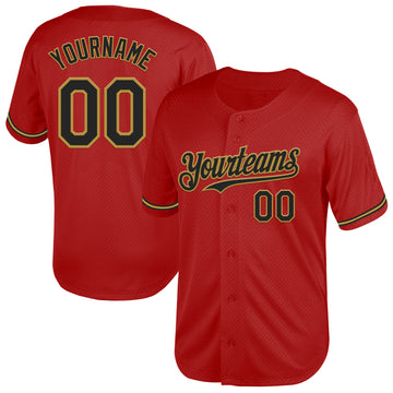 Custom Red Black-Old Gold Mesh Authentic Throwback Baseball Jersey