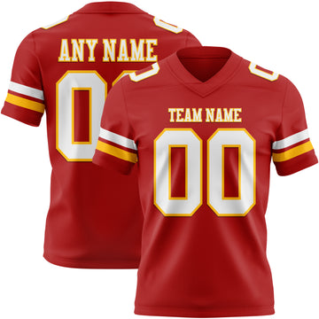 Custom Red White-Gold Mesh Authentic Football Jersey