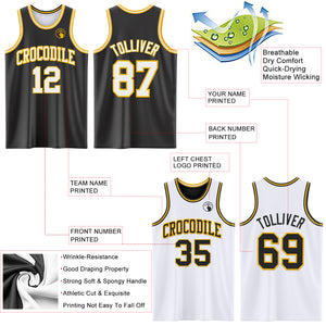 Custom Reversible Black White-Gold Double Side Basketball Jersey