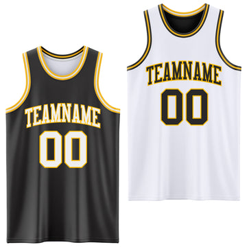 Custom Reversible Black White-Gold Double Side Basketball Jersey