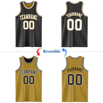Custom Reversible Black White-Old Gold Double Side Basketball Jersey