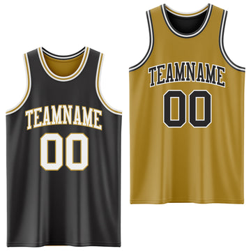 Custom Reversible Black White-Old Gold Double Side Basketball Jersey