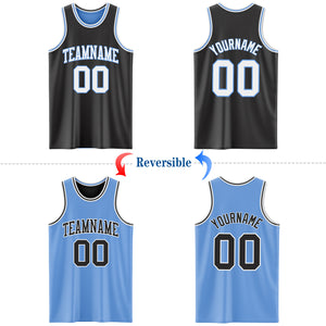 Custom Reversible Black White-Light Blue Double Side Basketball Jersey