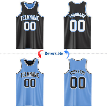 Custom Reversible Black White-Light Blue Double Side Basketball Jersey