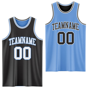 Custom Reversible Black White-Light Blue Double Side Basketball Jersey