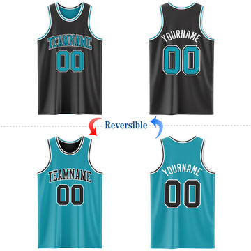 Custom Reversible Black Teal-White Double Side Basketball Jersey
