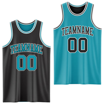 Custom Reversible Black Teal-White Double Side Basketball Jersey
