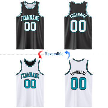 Custom Reversible Black White-Teal Double Side Basketball Jersey