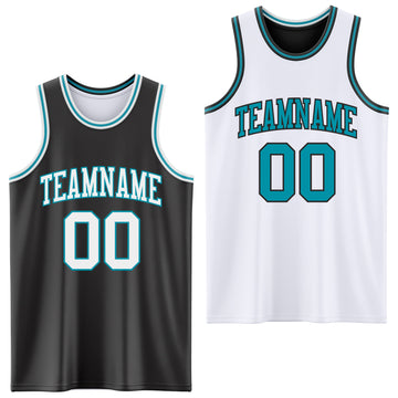Custom Reversible Black White-Teal Double Side Basketball Jersey