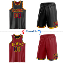 Load image into Gallery viewer, Custom Reversible Black Maroon-Gold Double Side Sublimation Basketball Suit Jersey
