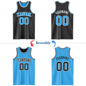 Custom Reversible Black Sky Blue-White Double Side Basketball Jersey