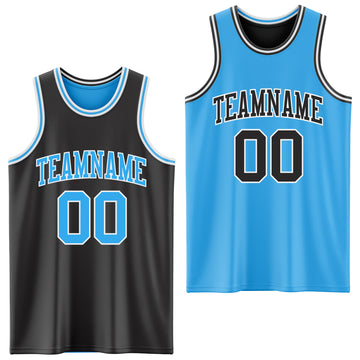 Custom Reversible Black Sky Blue-White Double Side Basketball Jersey