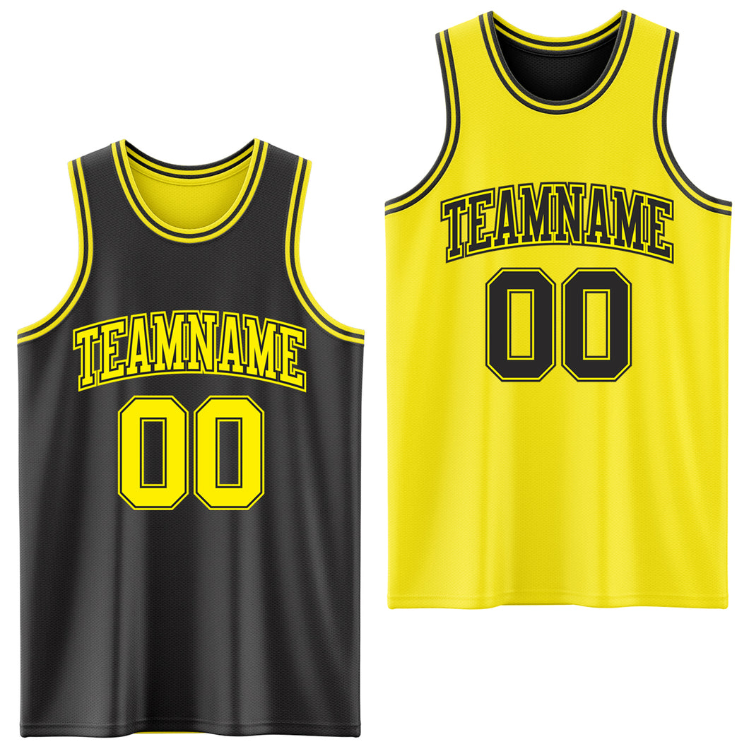 Custom Reversible Black Light Yellow Double Side Basketball Jersey