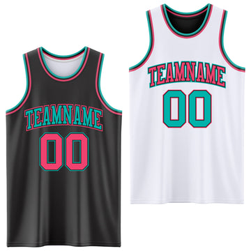 Custom Reversible Black Neon Pink-Aqua Double Side Basketball Jersey