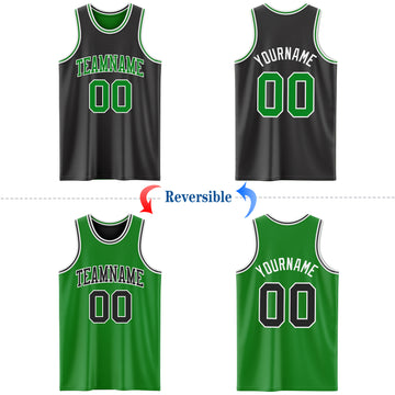 Custom Reversible Black Grass Green-White Double Side Basketball Jersey