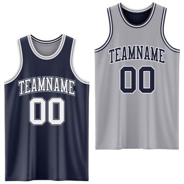 Custom Navy White-Gray Reversible Double Side Basketball Jersey