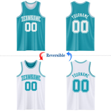 Custom Reversible Teal White Double Side Basketball Jersey