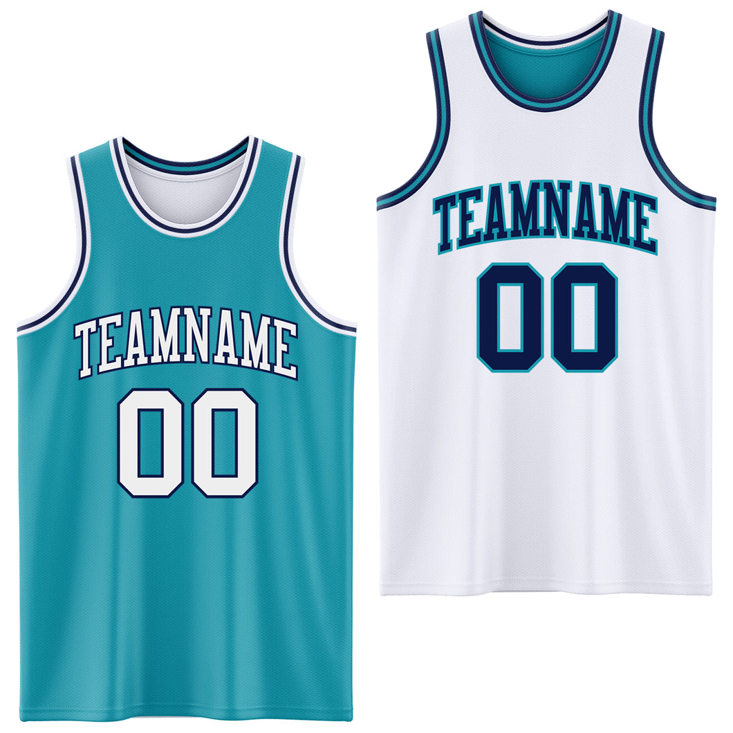 Custom Reversible Teal White-Navy Double Side Basketball Jersey
