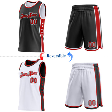 Custom Reversible Black Red-White Double Side Star Sublimation Basketball Suit Jersey