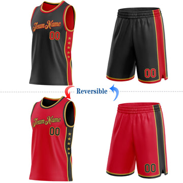 Custom Reversible Black Red-Old Gold Double Side Star Sublimation Basketball Suit Jersey